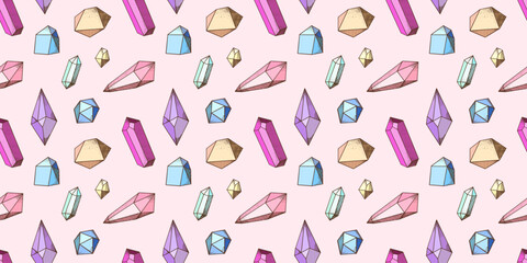 Crystal pattern seamless. Magic quartz different forms and colors. Occult mystical gemstones. Gem jewellery, colorful luxury diamond. Jewels treasure isolated elements, minimalism vector background