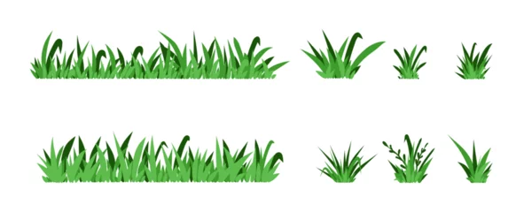 Fotobehang Green grass. Field isolated elements. Spring summer hand drawn herb, park lawn meadow sketch style, cartoon flat isolated botanical elements for decor, ecological symbol, vector doodle illustration © Mariya