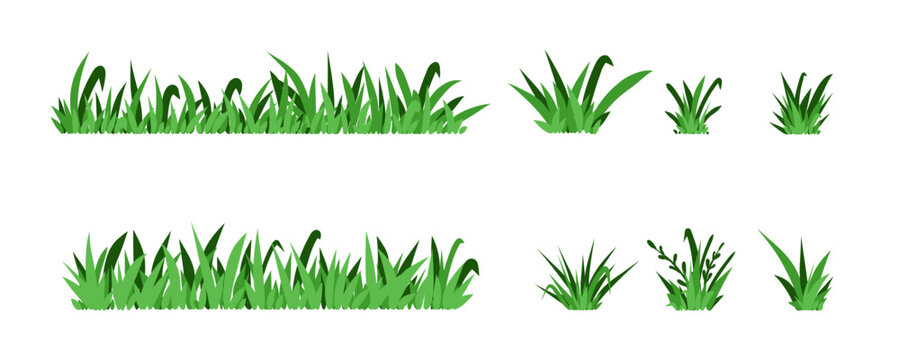 Green grass. Field isolated elements. Spring summer hand drawn herb, park lawn meadow sketch style, cartoon flat isolated botanical elements for decor, ecological symbol, vector doodle illustration