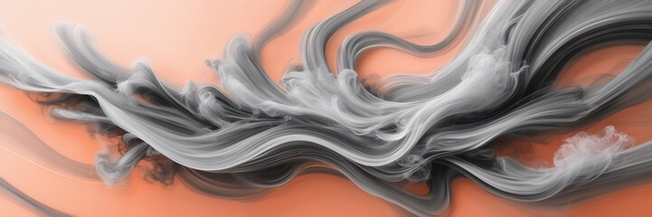 Abstract depiction of swirling smoke trails in shades of silver and steel against a backdrop of coral blush.