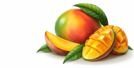 Fresh mango along with slices on white background