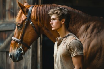 Confident man with a horse at a stable on a sunny day