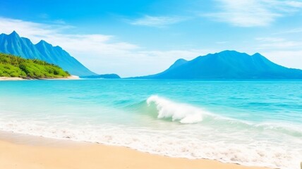 Fototapeta na wymiar Beach background of waves on the beach gorgeous summertime backdrop with the mountain
