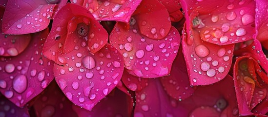 A cluster of vibrant pink bougainvillea flowers glisten with water droplets, adding a fresh and rejuvenating touch to the botanical scene. The delicate petals hold onto the droplets, enhancing the