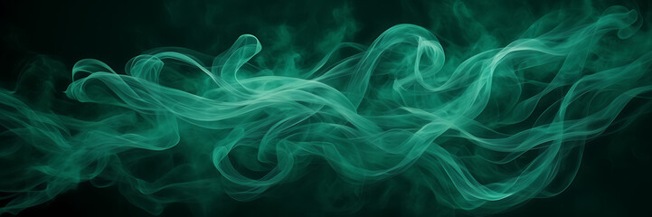 Abstract composition featuring intertwining ribbons of smoke in shades of emerald and jade against...