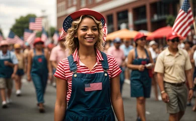 Papier Peint photo Lavable Etats Unis Woman and crowd of people celebrating labor day with usa american flag