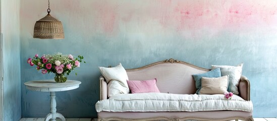 A real photo of a living room featuring a comfy settee with pastel cushions, a side table with fresh flowers, and a hanging lamp against a blue and white ombre wall.