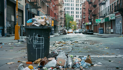 Overflowing garbage can in an urban area