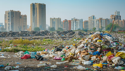 Conceptual representation of landfill pollution with a garbage dump prominently situated in a city...