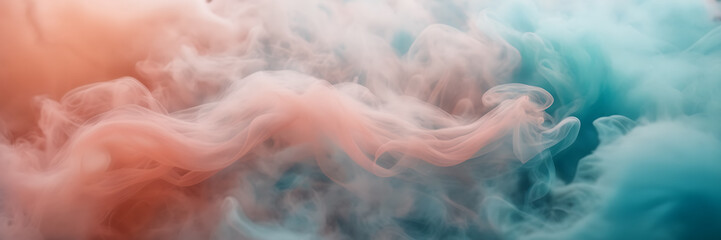 Photograph capturing the ethereal beauty of smoke tendrils in hues of aquamarine and seafoam against a backdrop of coral blush. - obrazy, fototapety, plakaty