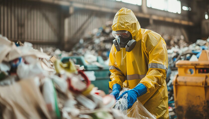 Worker in protective gear sorting through waste at a recycling facility