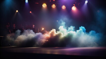 Stage light with colored spotlights and smoke