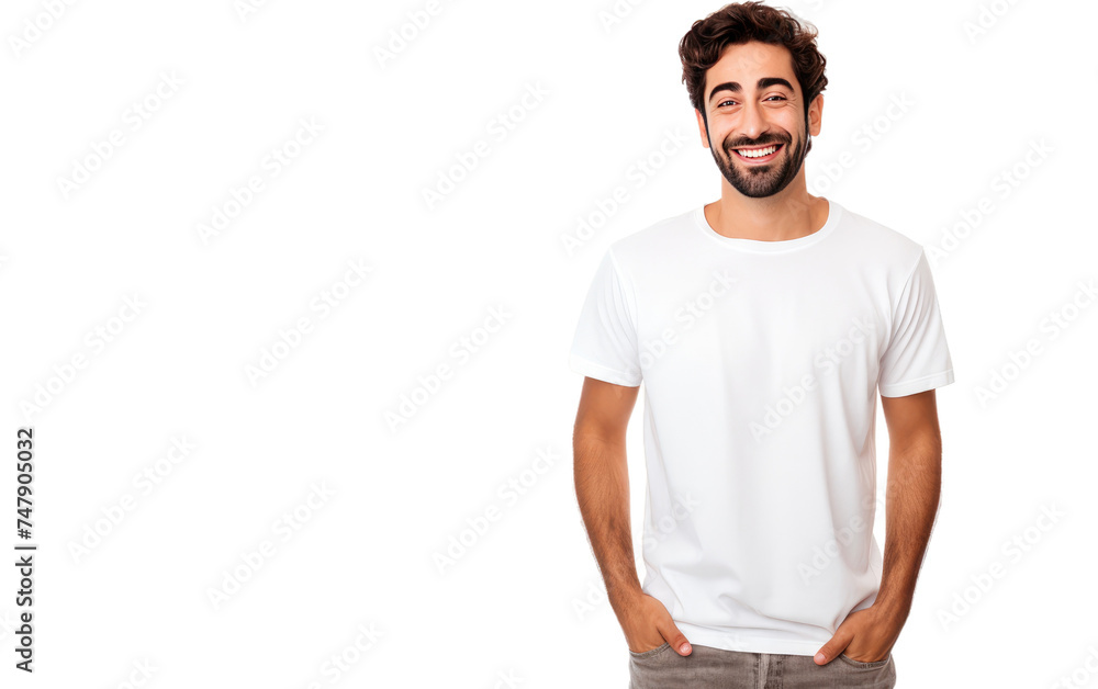 Wall mural A man wearing a white t-shirt and sporting a beard is captured in this shot. His casual attire gives off a relaxed vibe as he stands before the camera.