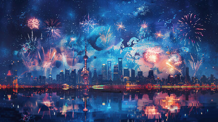 Horizontal illustration of a big city with skyscrapers with flashing night lights under a fireworks sky in blue tones. Concept of festival, celebration, party, entertainment in an urban city.