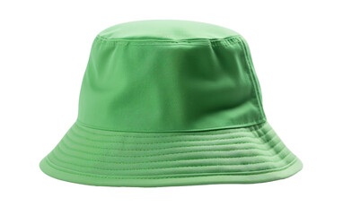 A green bucket hat is placed prominently on a plain white background, showcasing its color and design. The hats brim is slightly curved, and the fabric appears to be sturdy and well made.
