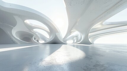 An abstract futuristic architecture with a concrete floor is rendered in 3D.