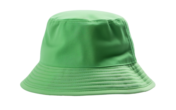 A green bucket hat is placed prominently on a plain white background, showcasing its color and design. The hats brim is slightly curved, and the fabric appears to be sturdy and well made.