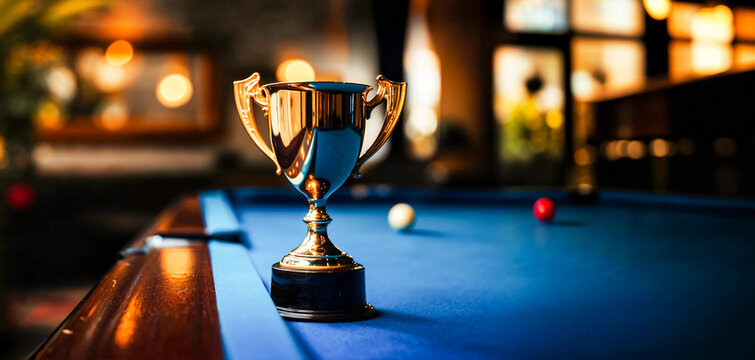 un troph&eacute;e en or pos&eacute; sur une table de billard bleu