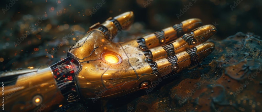 Poster an artificial intelligence, future technology and business concept shows a robot and a human hand ov