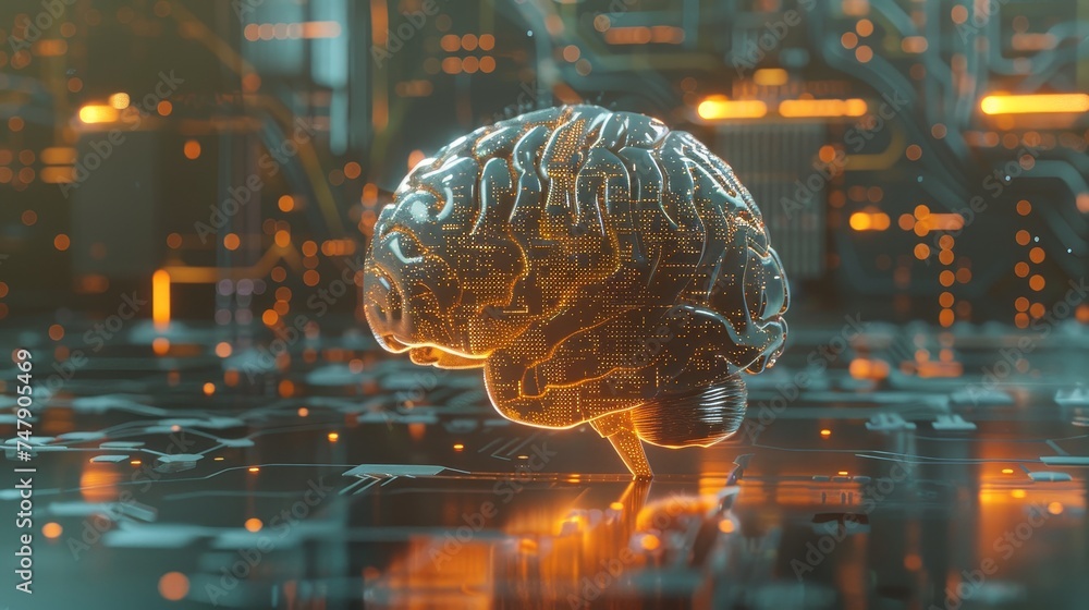 Poster AI, data mining, deep learning are modern computer technologies. Futuristic cyber technology innovation. The brain is represented on a printed circuit board (PCB).
