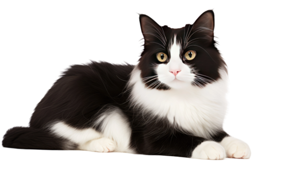 A black and white cat is sprawled out on the ground, relaxing and taking a rest in a comfortable position. The cats fur contrasts sharply against the floor, creating a striking visual.