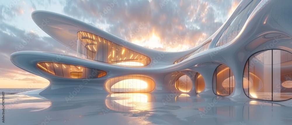 Aufkleber stunning view of futuristic architecture, advanced skyscraper with curving glass windows, 3d renderi