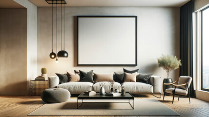 blank mockup poster frame hangs over a modern living room. Chic and spacious