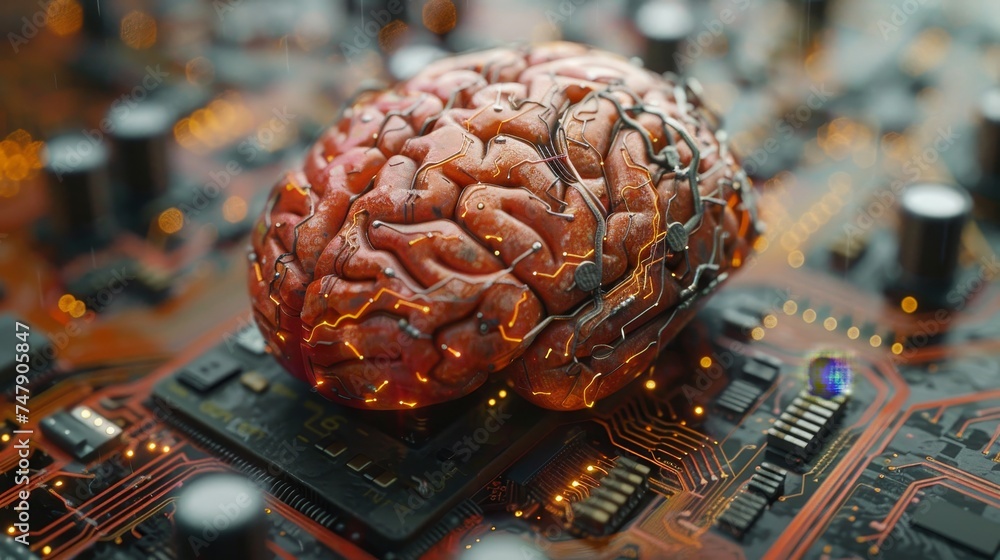Poster A brain that represents artificial intelligence with printed circuit boards (AI). Data mining and deep learning. Futuristic Cyber Technology Innovation.