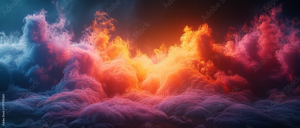 Poster colourful smoke effect shapes emerge from a profound black background in chromatic mirage, a mesmeri