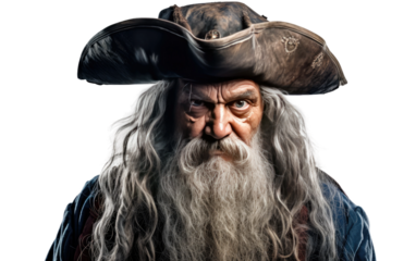 An elderly man with long grey hair is depicted wearing a pirate hat. His weathered face and beard add to the rugged appearance. The man has a stern expression, embodying the persona of pirate.