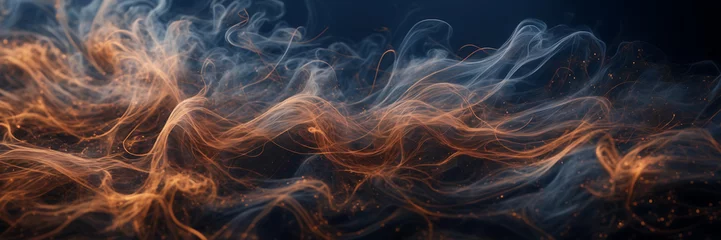 Papier Peint Lavable Ondes fractales Close-up image revealing the intricate dance of smoke tendrils in hues of copper and bronze against a canvas of midnight blue.
