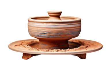 A clay pot is placed on top of a plate, both objects made of earthy materials. The pot appears sturdy and functional, while the plate provides a stable base for the pot to sit upon.