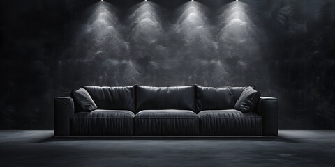 black living room with vintage sofa, A couch in a dark room with a light on the wall behind it. - obrazy, fototapety, plakaty