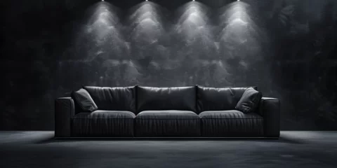 Fotobehang black living room with vintage sofa, A couch in a dark room with a light on the wall behind it. © Sohail
