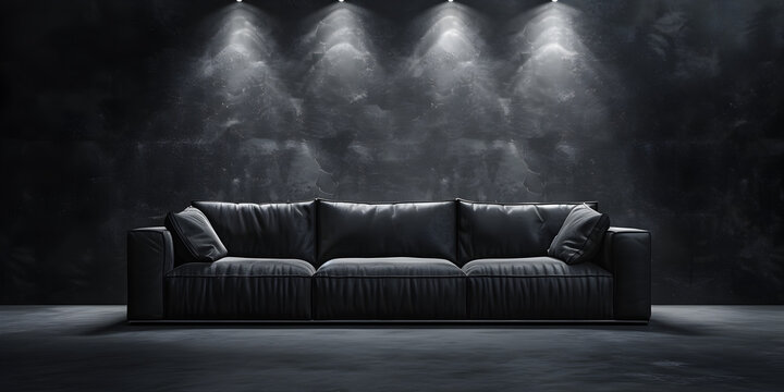 black living room with vintage sofa, A couch in a dark room with a light on the wall behind it.