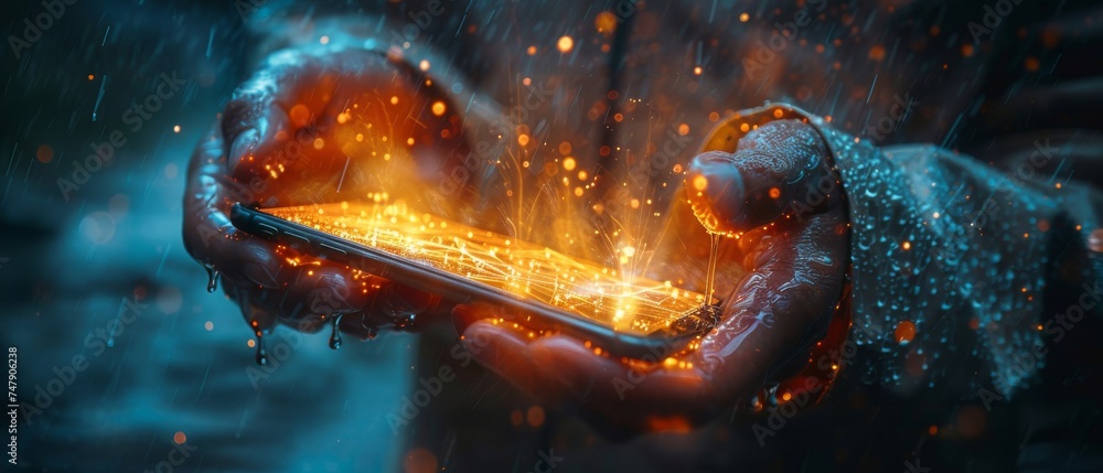 Aufkleber Imagination of a person in a metaverse virtual world via smart phone. Futuristic music. Mobile phone that levitates in the air.