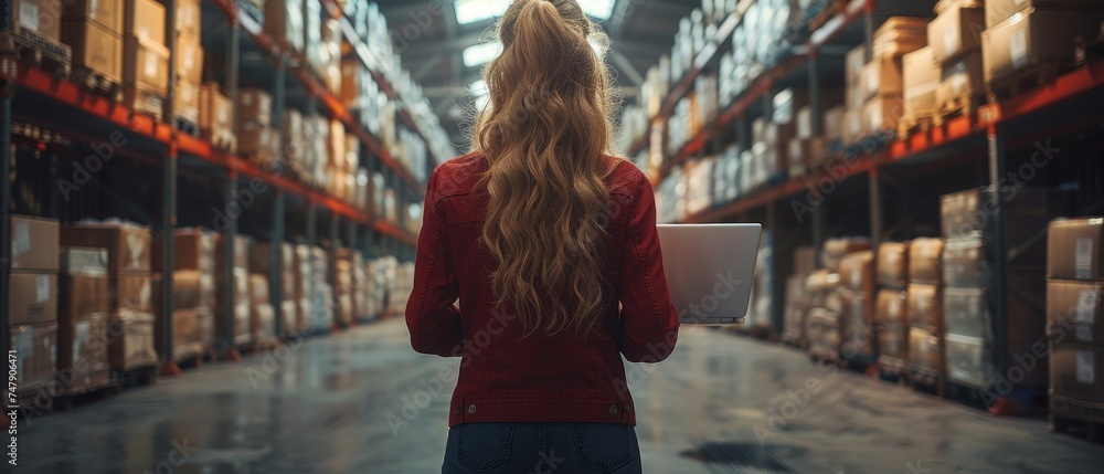 Poster the chief technology officer of a big data center stands in a warehouse with a laptop, activates ser