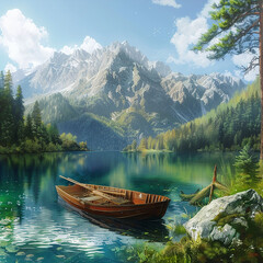 painting of a mountain lake with a boat-01