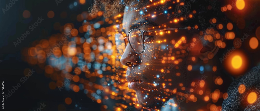Fototapete Scientists using laptops to analyze various information on futuristic virtual screens. Algorithms, marketing and deep learning of artificial intelligence.