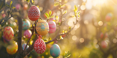Golden and yellow easter eggs hang from branches of pine tree in style of glimmering light effects, soft and dreamy depictions
 - obrazy, fototapety, plakaty