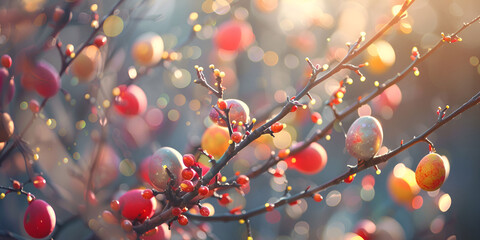 Golden and yellow easter eggs hang from branches of pine tree in style of glimmering light effects, soft and dreamy depictions
 - obrazy, fototapety, plakaty