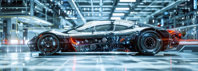 Fototapeta premium A luxurious black sports car displayed in a modern industrial facility reflecting its sophisticated engineering