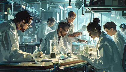 A digital illustration of a group of scientists in a laboratory working together on various experim Generative AI - obrazy, fototapety, plakaty