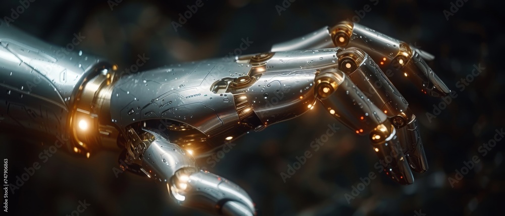 Poster Animated robot hand and virtual screen projection over black background - artificial intelligence, future technology, and business concept