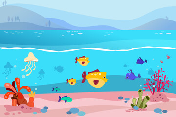 Marine wildlife vector illustration. Fish, jelly-fishes, corals. Marine flora and fauna. Ocean conservation concept 