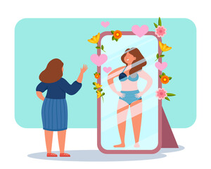 Woman dressed looking at herself in mirror and reflecting young beautiful girl in bikini. Vector illustration. Hearts and flowers near mirror. Narcissist lady concept