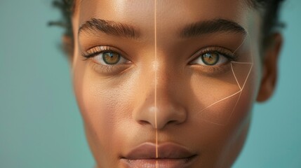 Naklejka premium Portrait of a female face based on the golden ratio. A personalized skincare concept. A symmetrical face.