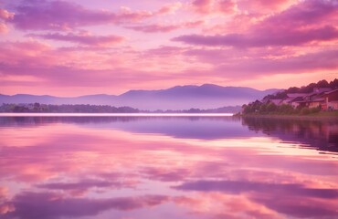 Clouds in shades of pink mirrored in the still waters of the lake