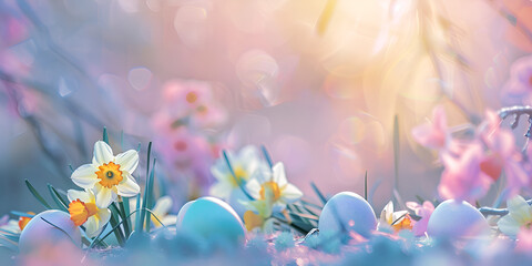Fototapeta na wymiar Joyful Easter Greetings: Celebratory Background with Vibrant Colors and Festive Design, Colorful Easter eggs with spring daffodil flowers on a blue blurred background. Stylish gentle spring template 