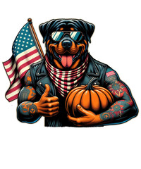 Rottweiler dog outside wearing fun patriotic scarf, 4th of july, with USA Flag and pumpkin, PNG Transparent Background